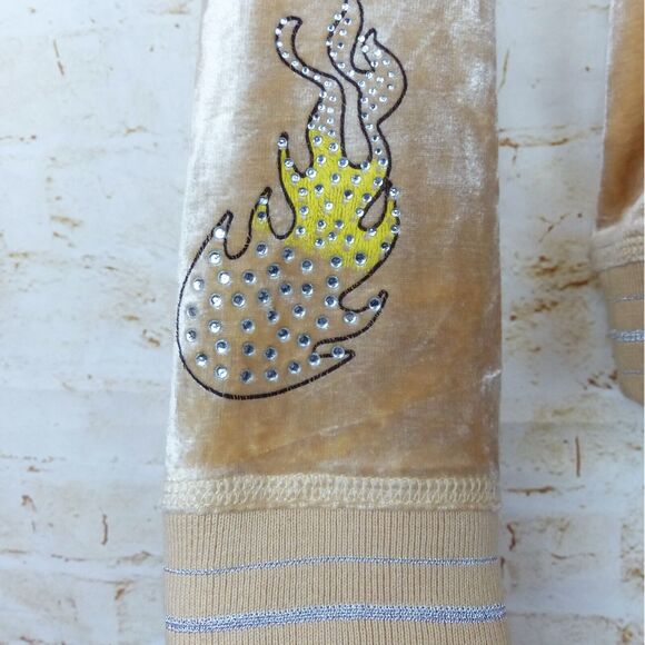 Vtg BCBGMAXAZRIA Y2K Velour Hoodie Track Jacket M Beige Rhinestone Graphic Flame - Picture 8 of 15